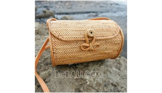 large cylinder handbag style handmade full woven grass straw rattan strap